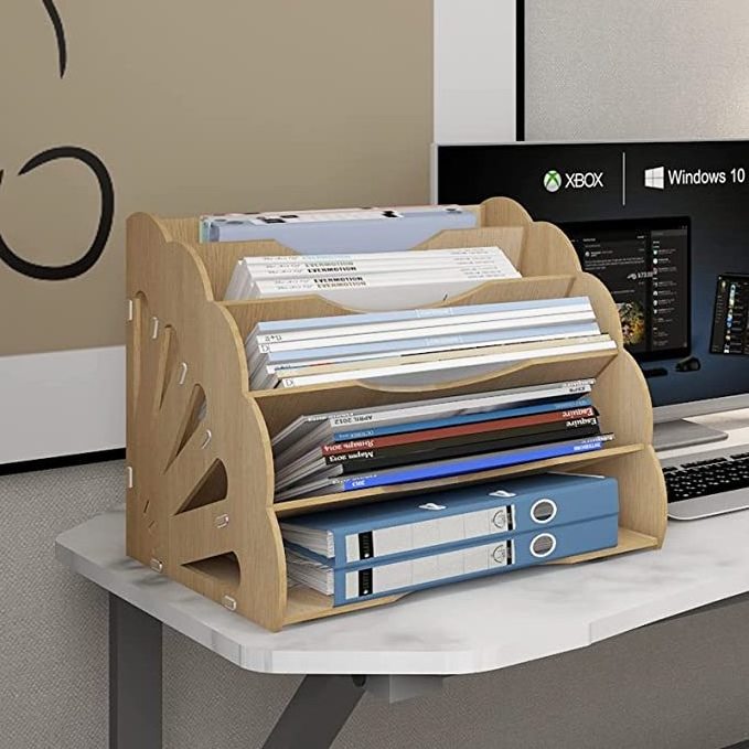 Factory Direct Knock Down Assembled Bamboo 5 Layer Office File Paper Folder Organizer Desk Shelf Storage Drawers