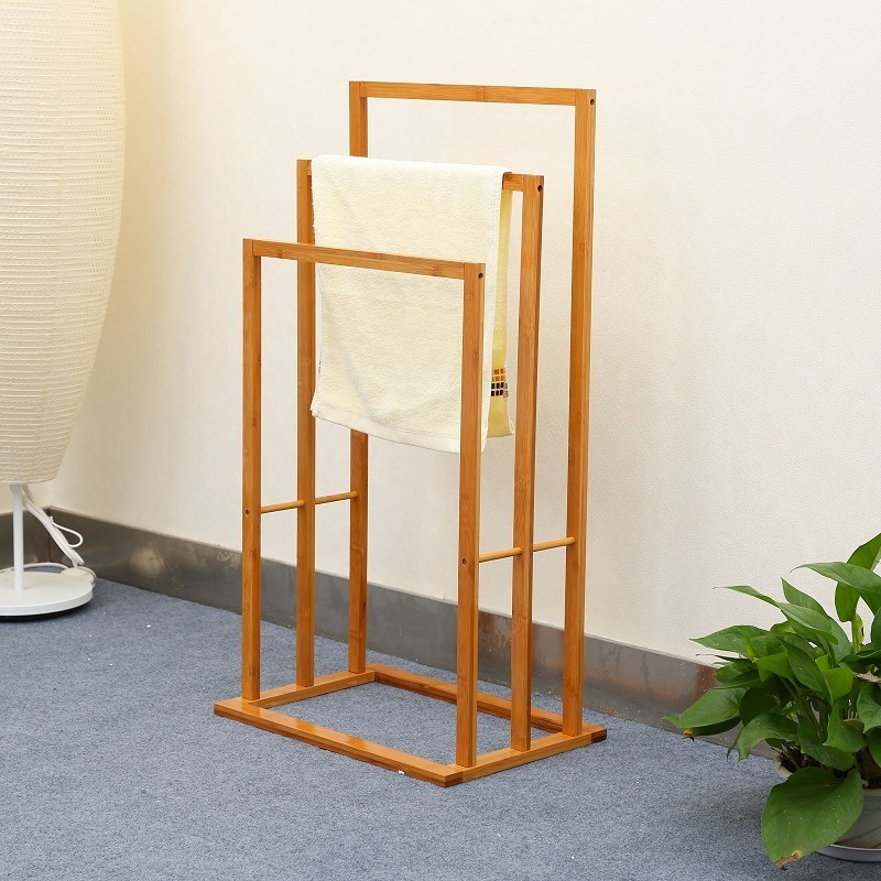 Multi-Level 3-Tier Freestanding Bamboo Bathroom Towel Drying Stand Rack Wooden clothes Quilt Stand Laundry Rack Bar