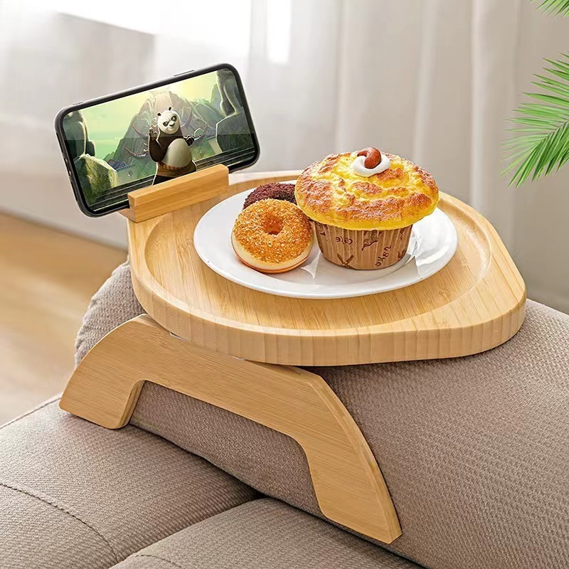 Customize Bamboo Wood Couch Sofa Arm Multifunctional Rest Tray Table With Clamps Phone Holder