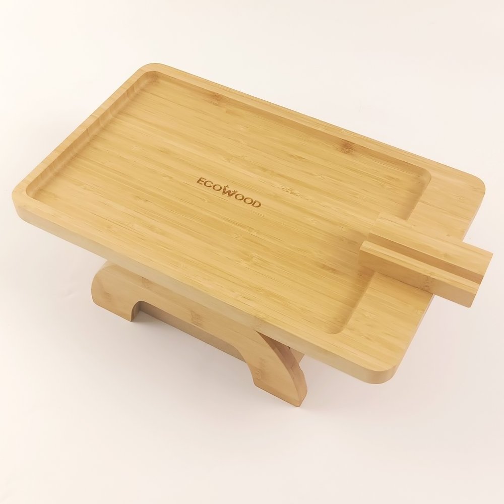 Biodegradable Bamboo Wood Couch Tray Cup Holder Portable Stable Sofa Arm Table With Clamps Phone Holder