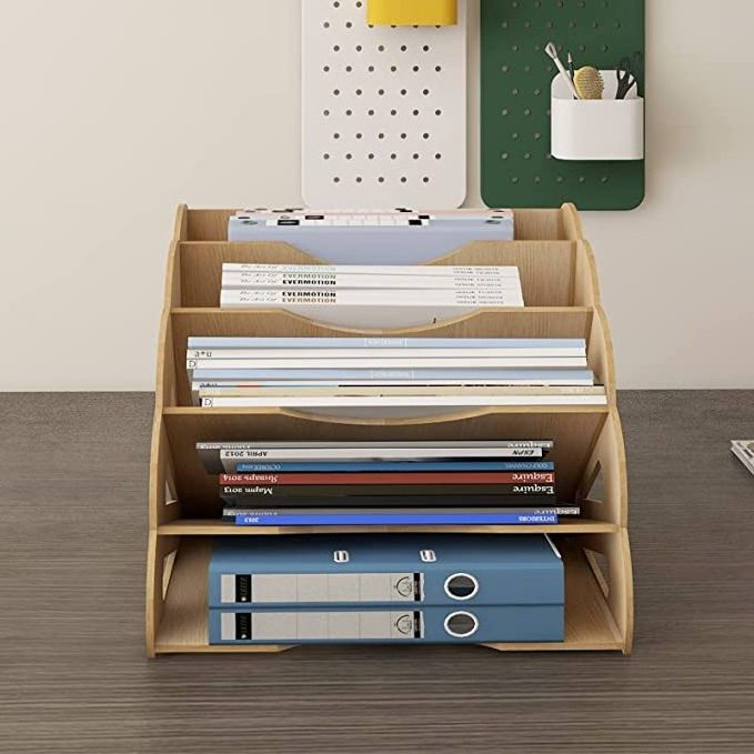 Factory Direct Knock Down Assembled Bamboo 5 Layer Office File Paper Folder Organizer Desk Shelf Storage Drawers