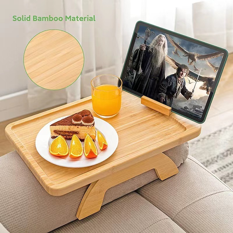 Customize Bamboo Wood Couch Sofa Arm Multifunctional Rest Tray Table With Clamps Phone Holder