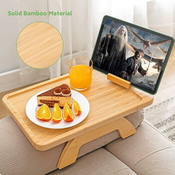 Biodegradable Bamboo Wood Couch Tray Cup Holder Portable Stable Sofa Arm Table With Clamps Phone Holder