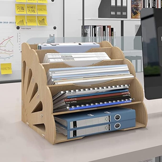 Factory Direct Knock Down Assembled Bamboo 5 Layer Office File Paper Folder Organizer Desk Shelf Storage Drawers