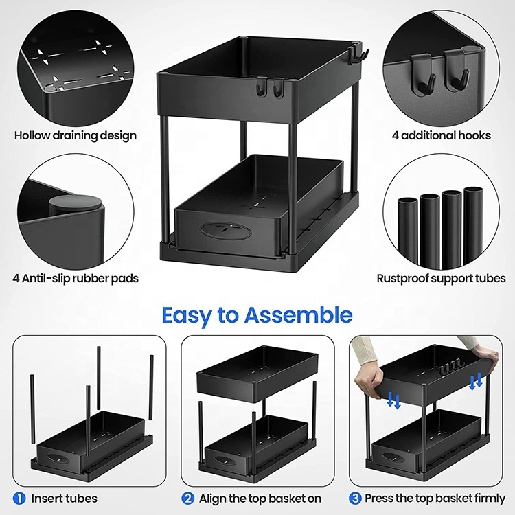 plastic storage bathroom sliding pull out cabinet kitchen 2 tier under sink organizer with sliding storage drawer