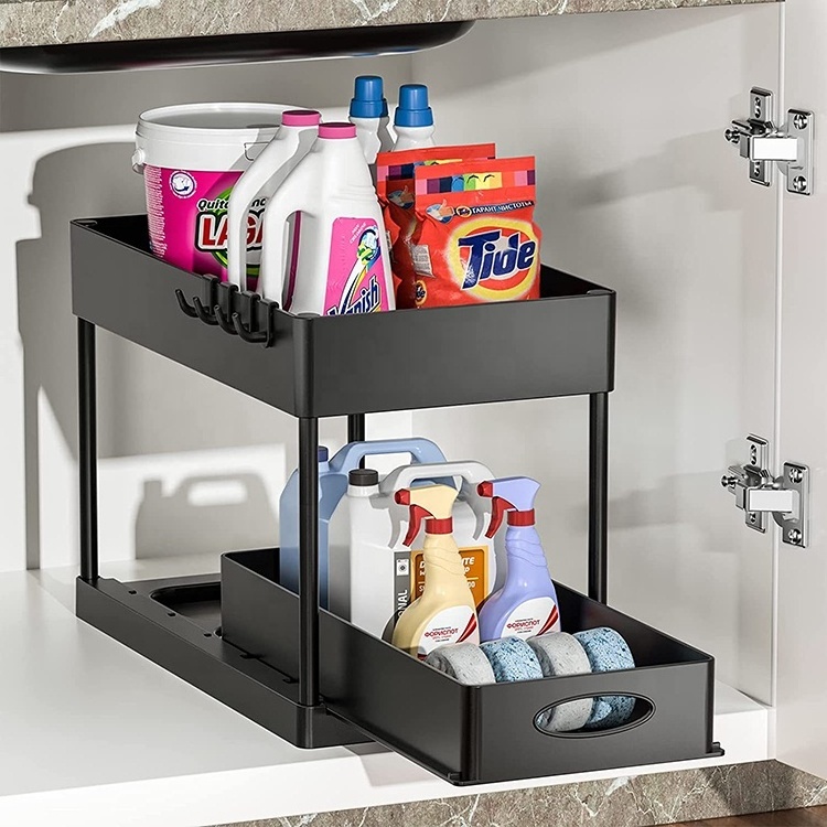 plastic storage bathroom sliding pull out cabinet kitchen 2 tier under sink organizer with sliding storage drawer