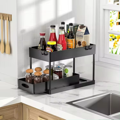 plastic storage bathroom sliding pull out cabinet kitchen 2 tier under sink organizer with sliding storage drawer