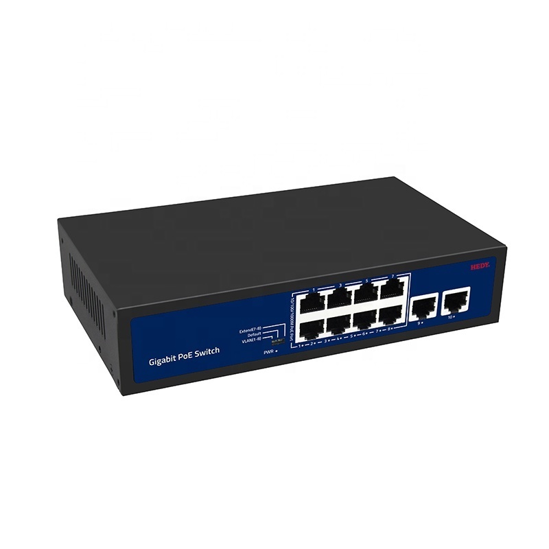 10 Ports PoE Network Switch 100/250M Full Giga 8 PoE ports 10/100/1000M 2 Ports Uplink 1000M PoE Switch for CCTV camera