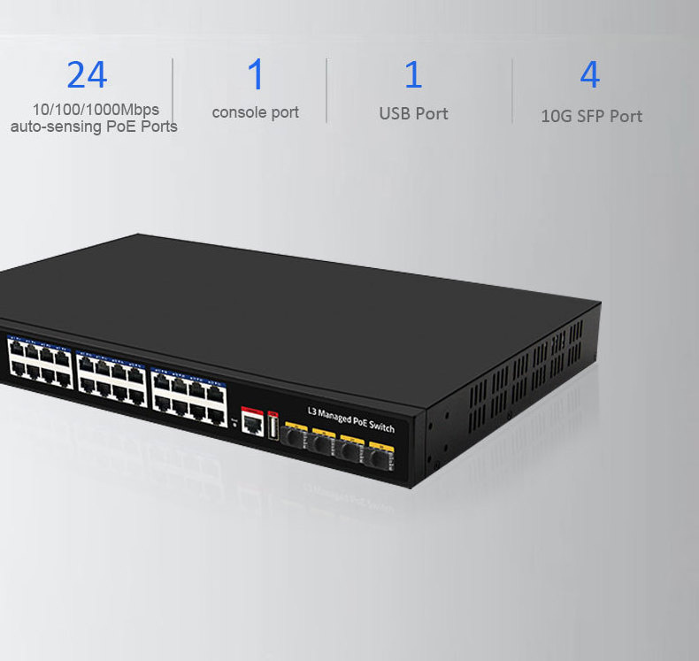 L3 poe switch 440w Managed 10/100/1000  10G SFP Ethernet Poe Switch 24 Port Gigabit Industrial Ring Network 400W Switch For CCTV