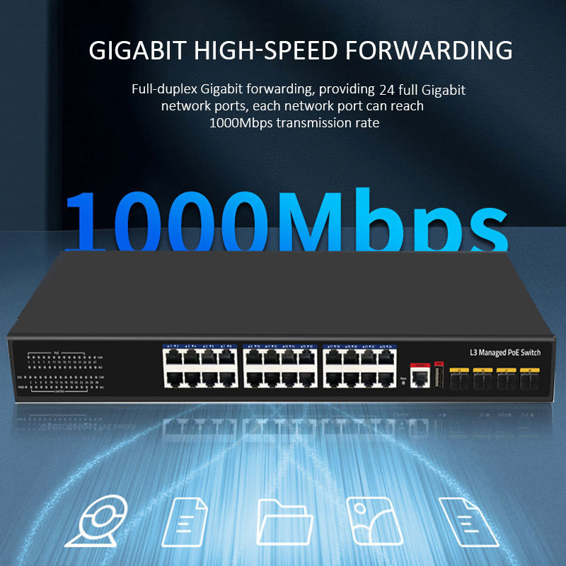 L3 poe switch 440w Managed 10/100/1000  10G SFP Ethernet Poe Switch 24 Port Gigabit Industrial Ring Network 400W Switch For CCTV