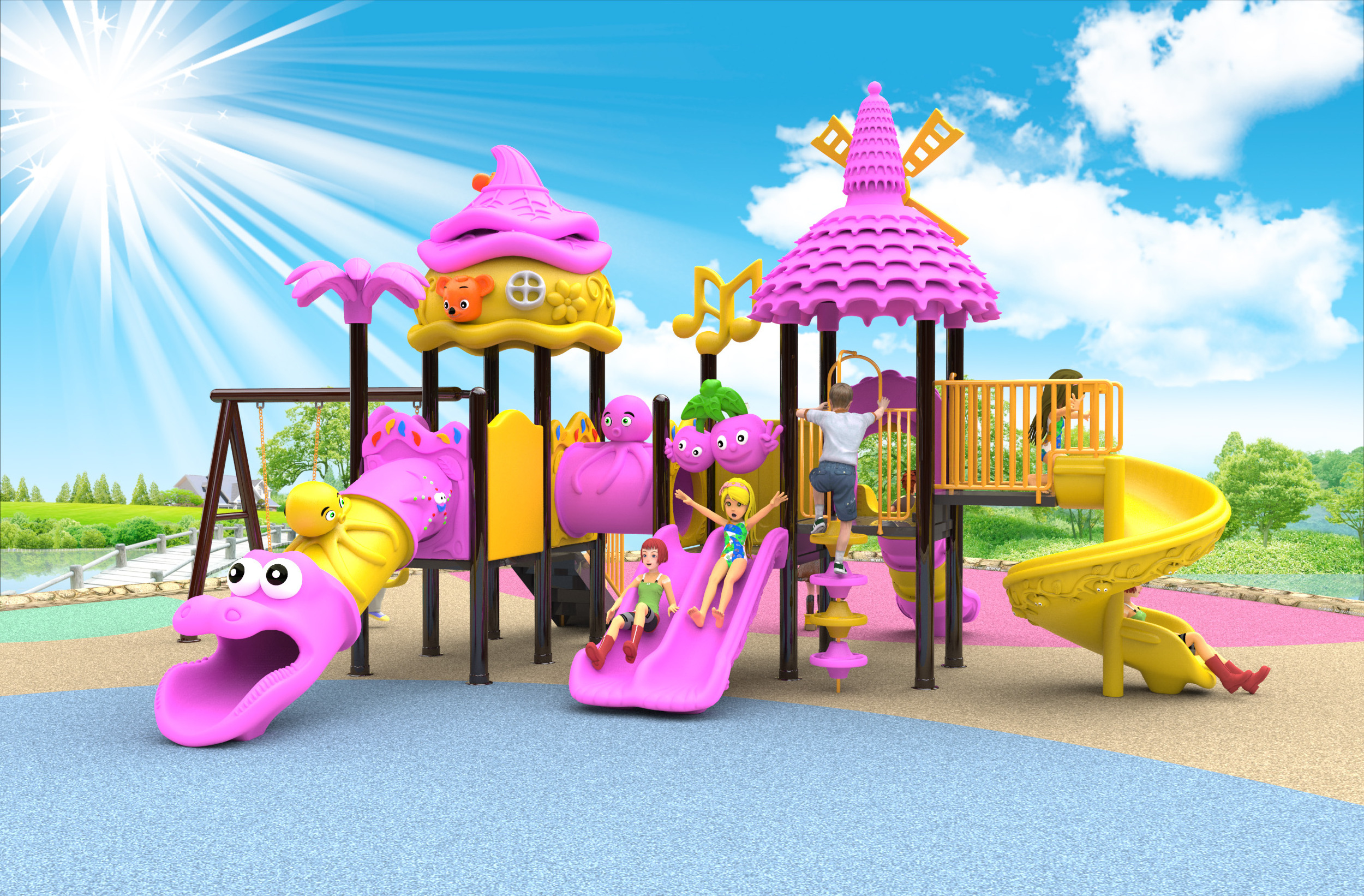 School Children's outdoor playground combined plastic slide and swing