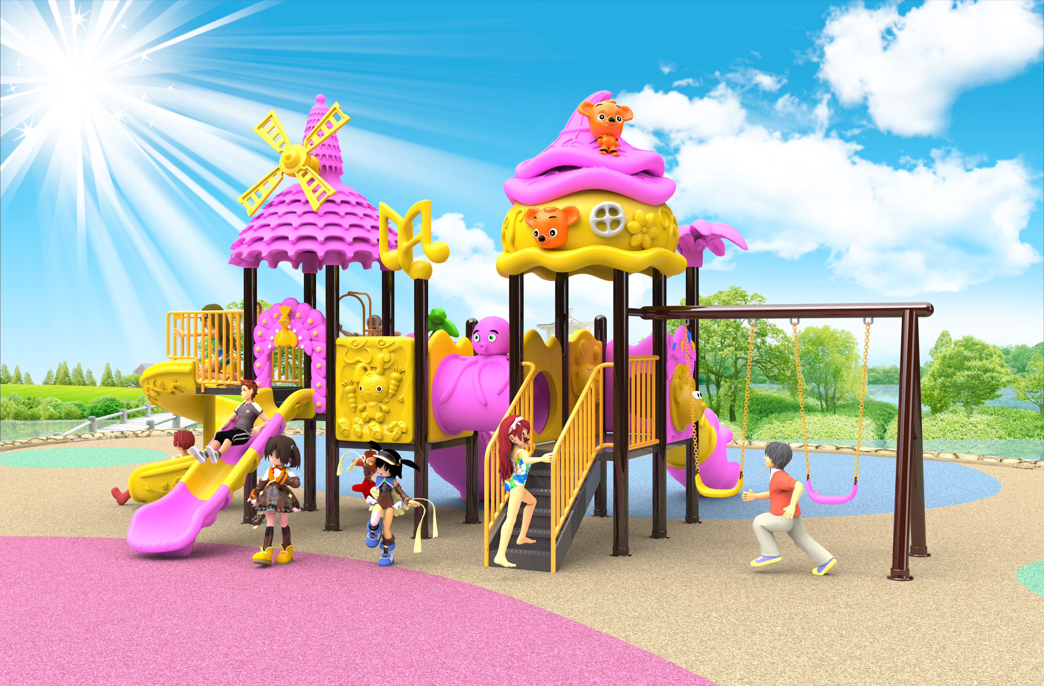 School Children's outdoor playground combined plastic slide and swing