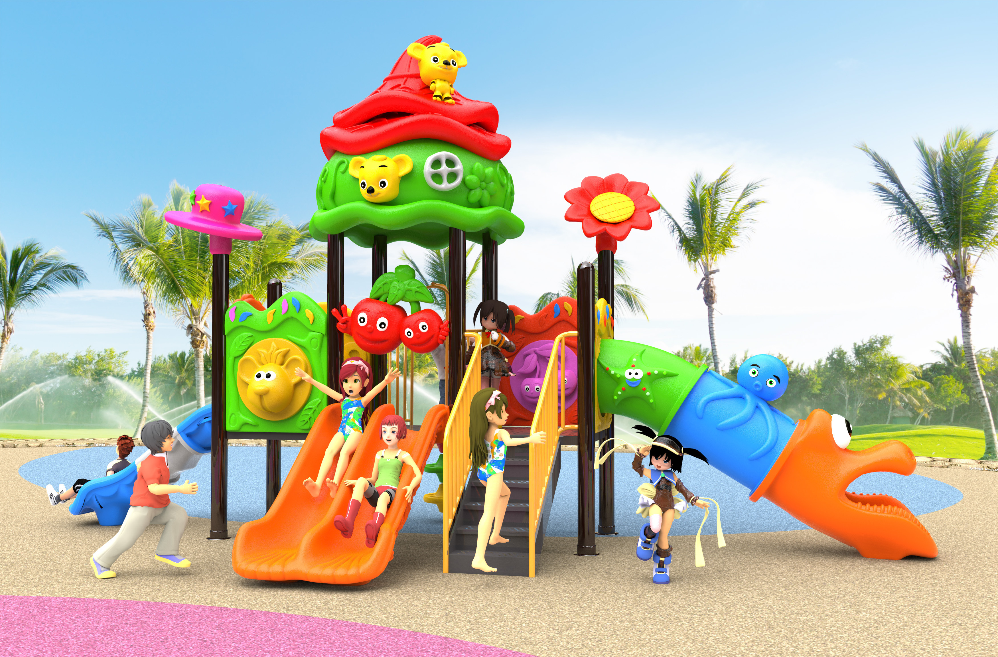 School Children's outdoor playground combined plastic slide and swing