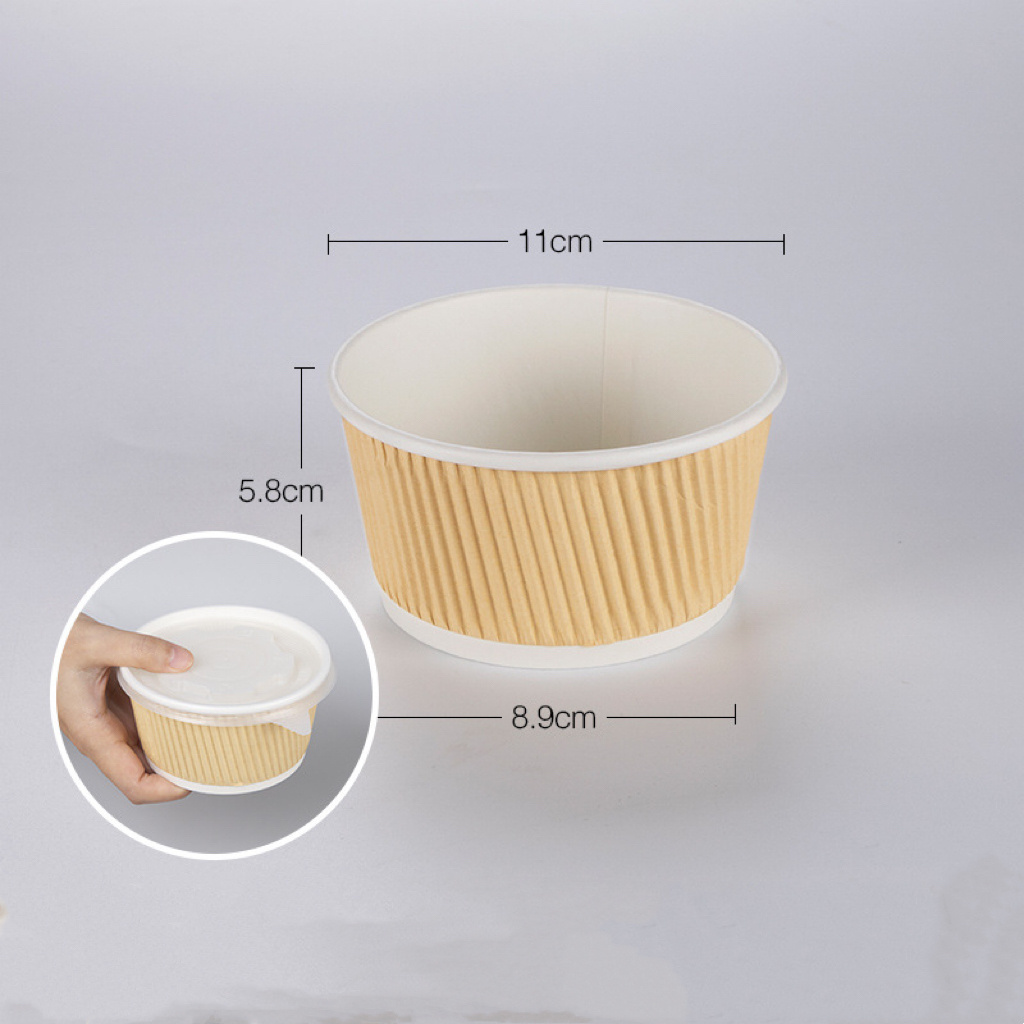 Eco-friendly Disposable Double Wall Food Grade Soup Paper Bowls/cups Custom LOGO Printing Corrugated Ripple Paper Bowl with Lid