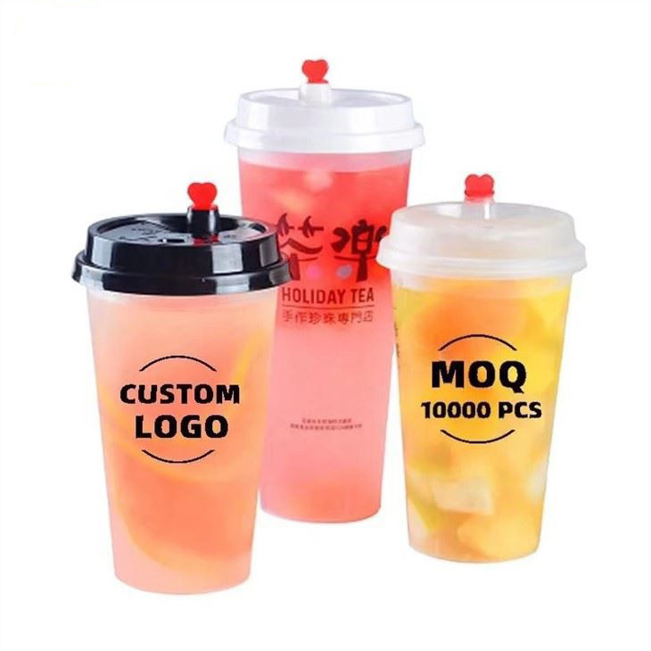 Custom Logo 360ml 500ml 700ml 1000ml Disposable Thick Smoothie PP Clear Frost Plastic Bubble Boba Milk Tea Cup with Lid