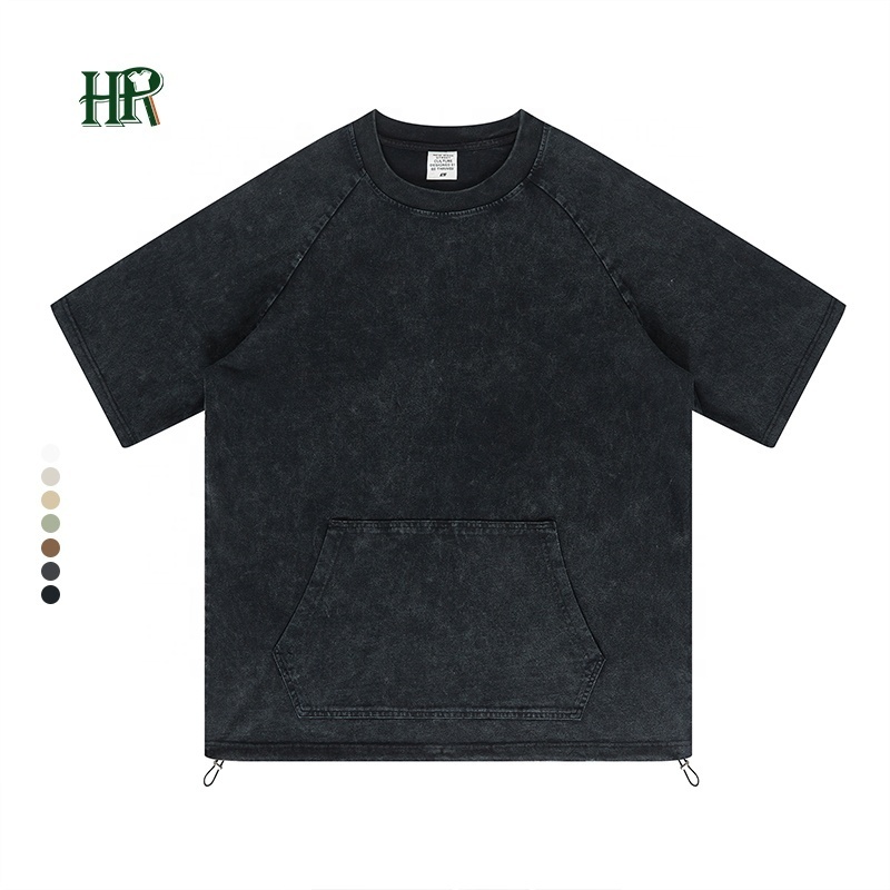 Plain Washed Insert Sleeve Kangaroo Pocket Hem Drawsrring T Shirt Oversized T Shirt For Men