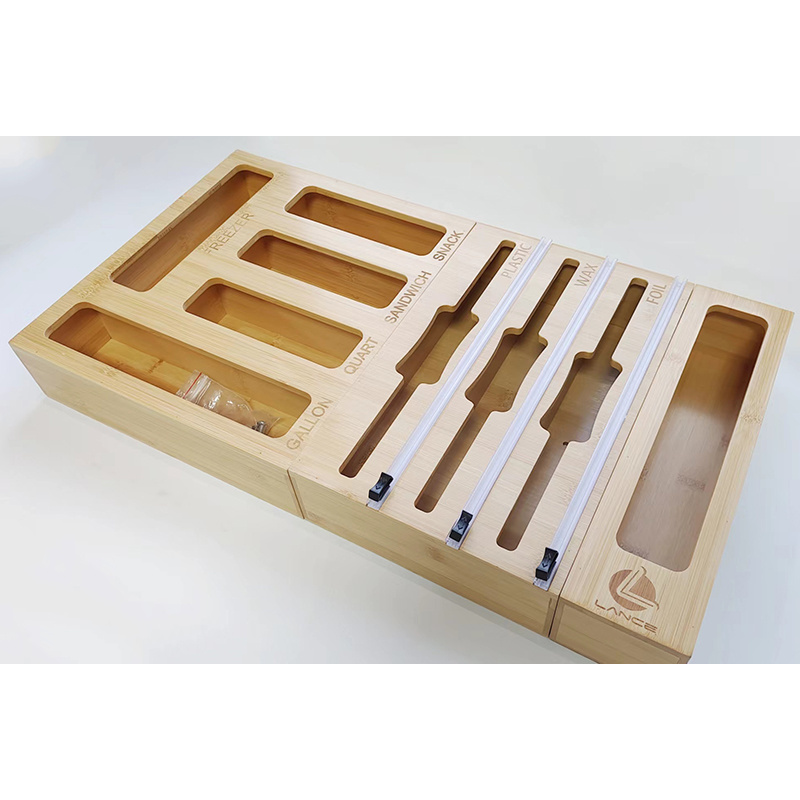 Custom Bamboo Wood 9 in 1 Kitchen Foil Wrap Sandwich Ziplock Bag Storage Organizer Box With Cutter For Drawer