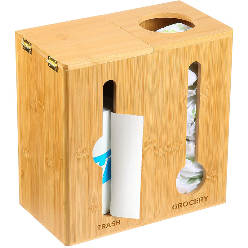 Custom Bamboo Wall Mounted Grocery Trash Bag Holder Storage Organizer 2 in 1 Dispenser