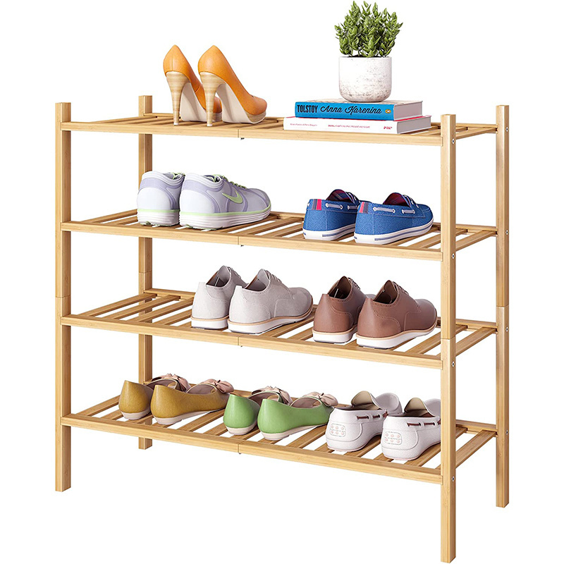 Uptodate 3-Tier Bamboo Wood Free Standing Stackable Foldable Shoes Storage Rack Organizer For Entryway Closet Hallway