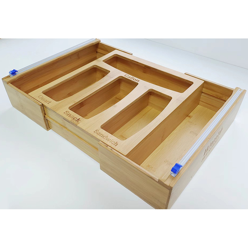 Custom Bamboo Wood 9 in 1 Kitchen Foil Wrap Sandwich Ziplock Bag Storage Organizer Box With Cutter For Drawer