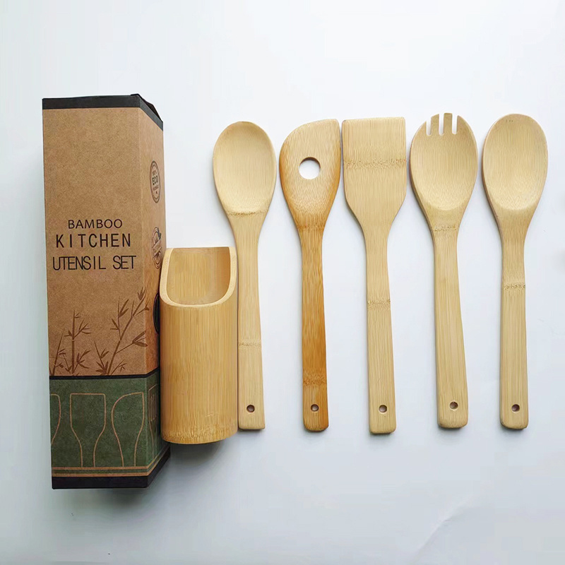 Natural Bamboo Kitchen Cooking Utensils Wholesale 6 Piece Tools Spoon Fork Spatula Set