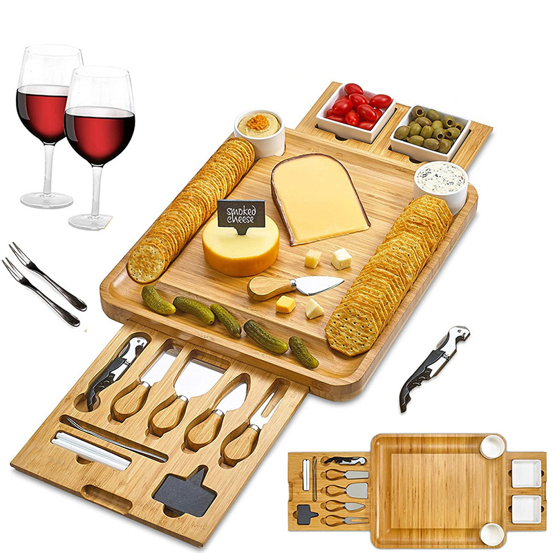 Custom Wholesale Bamboo Wood  Cutting Cheese Board set with Knife