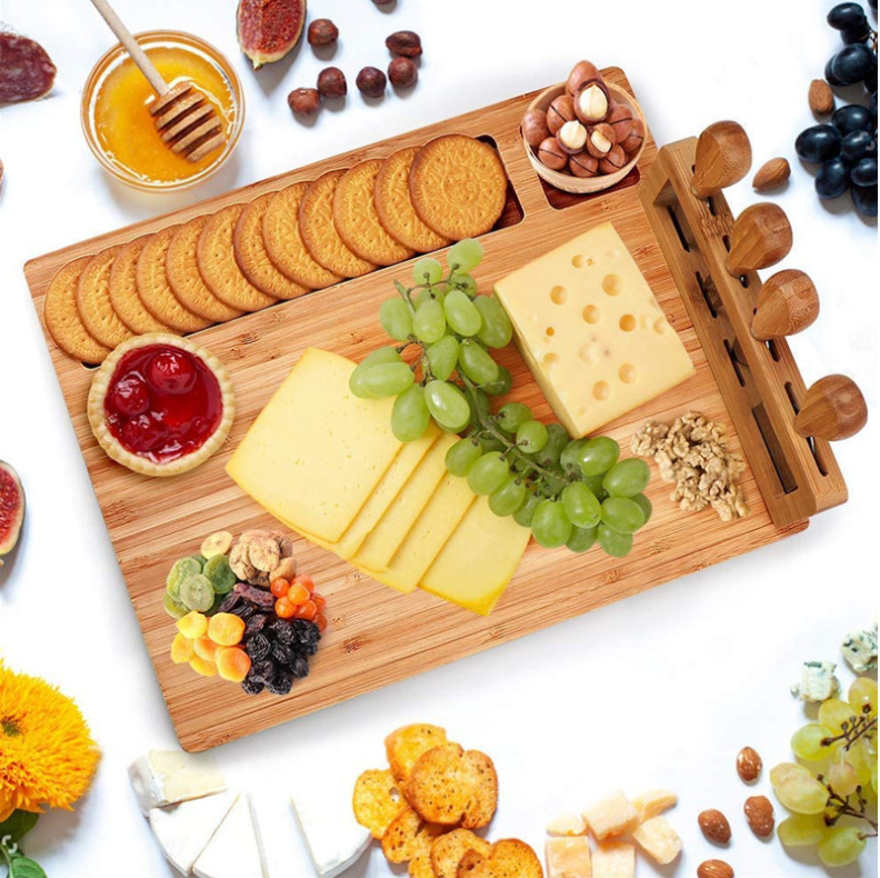 Custom Wholesale Bamboo Wood  Cutting Cheese Board set with Knife