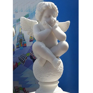 Customized size white stone hand carved angel sculpture low price kid child marble angel with ball