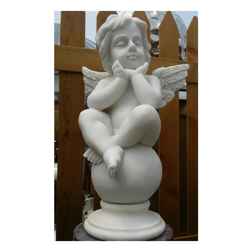 Customized size white stone hand carved angel sculpture low price kid child marble angel with ball