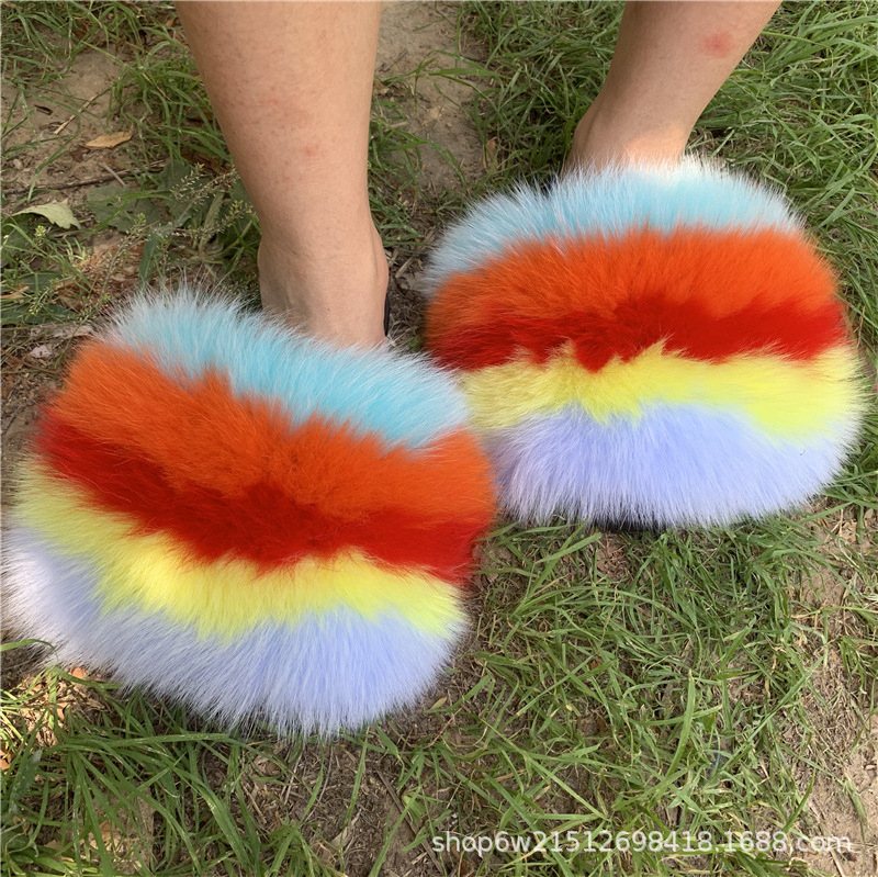 Wholesale women real big fluffy fur slippers natural fur slides sandals with thick fur