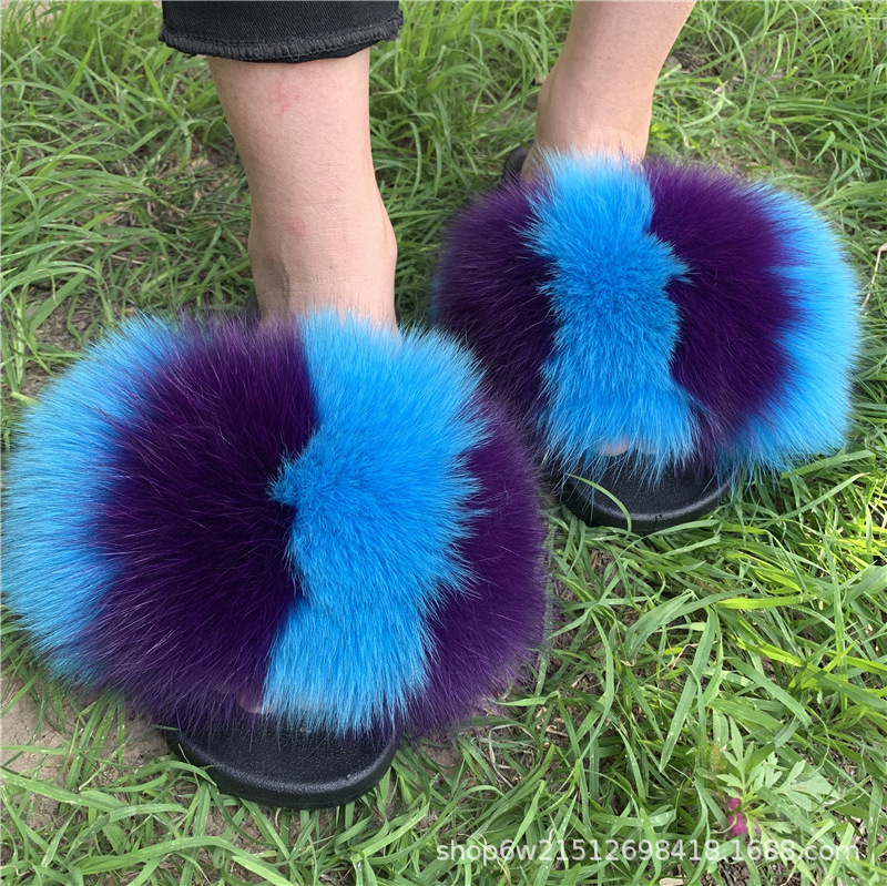 Wholesale women real big fluffy fur slippers natural fur slides sandals with thick fur