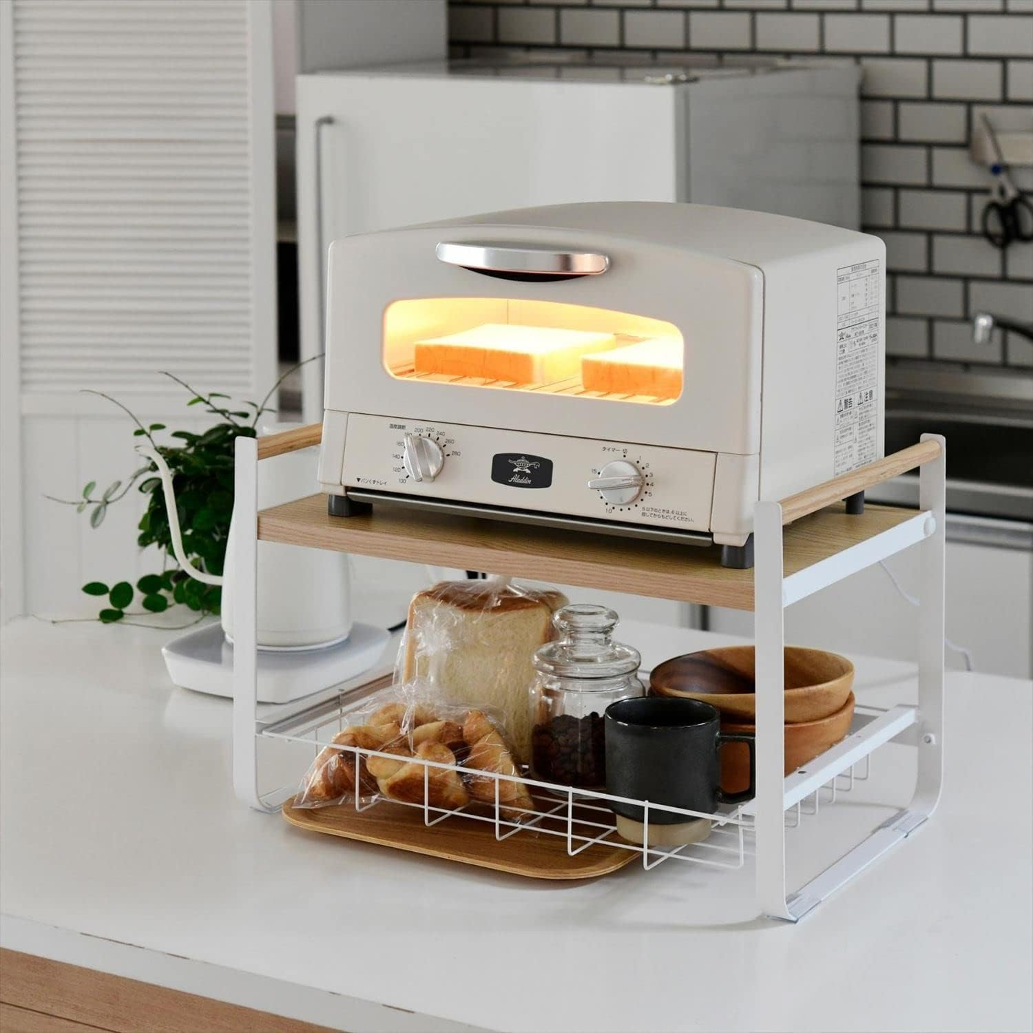 Kitchen Pantry Storage Cabinet Shelf Countertop Organizer Metal And Wood Top Shelf Rack With Drawer Basket