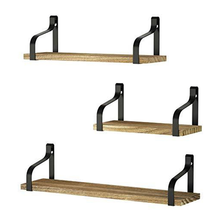 Rustic Wooden Wall Storage Shelves Wall Mounted Set of 3  Metal Floating Shelves for Home Kitchen