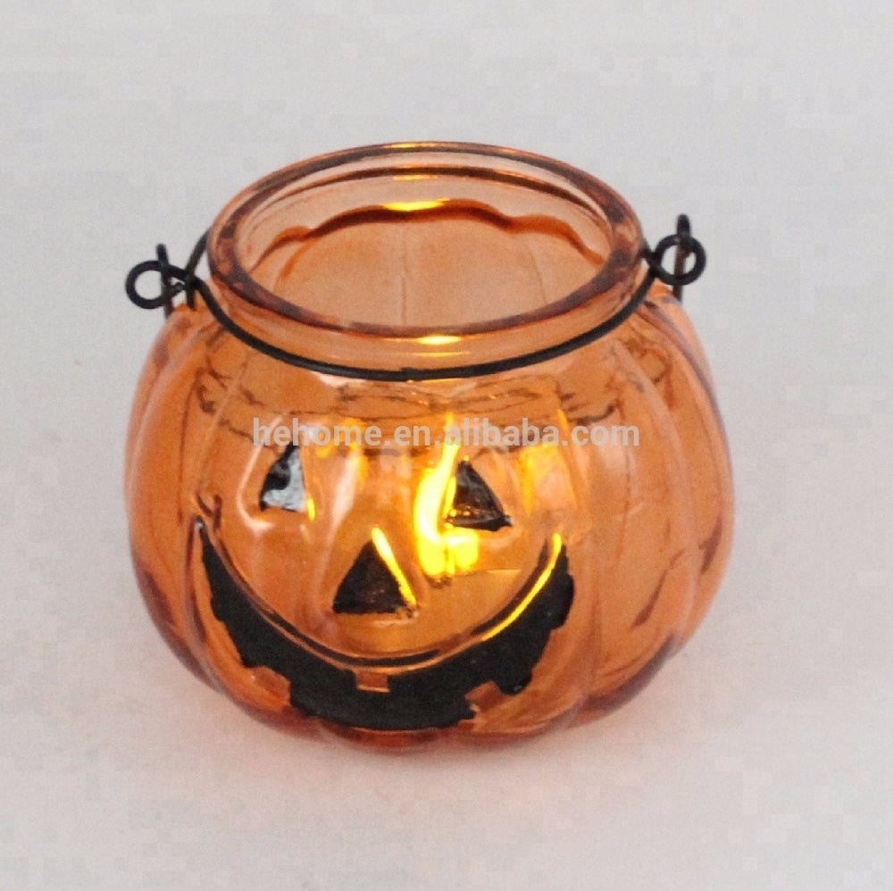 Pumpkin Shaped Glass Lantern Tealight Candle Holder With Handle For Halloween