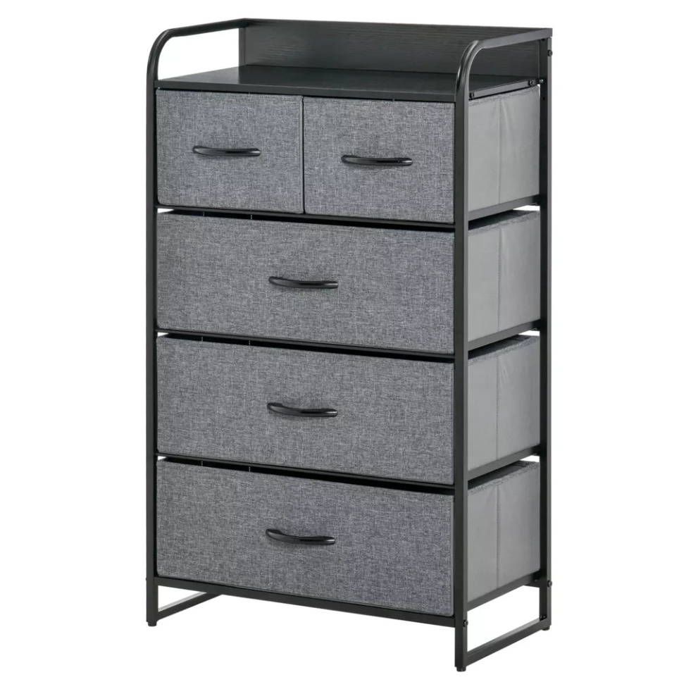 Hallway, Bedroom and Closet Black Steel Frame Grey 4-Tier Storage Organizer 5-Drawer Fabric Dresser Tower