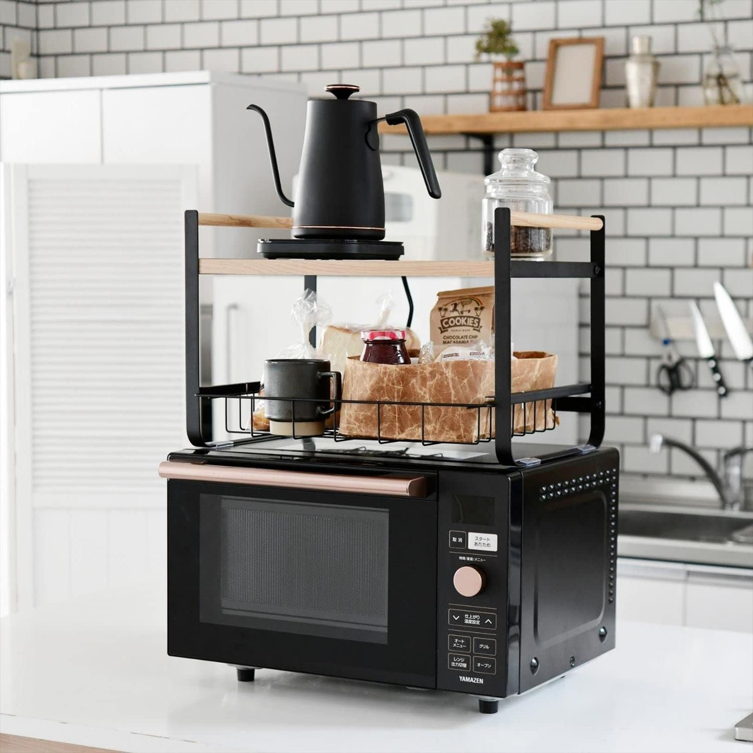 Kitchen Pantry Storage Cabinet Shelf Countertop Organizer Metal And Wood Top Shelf Rack With Drawer Basket