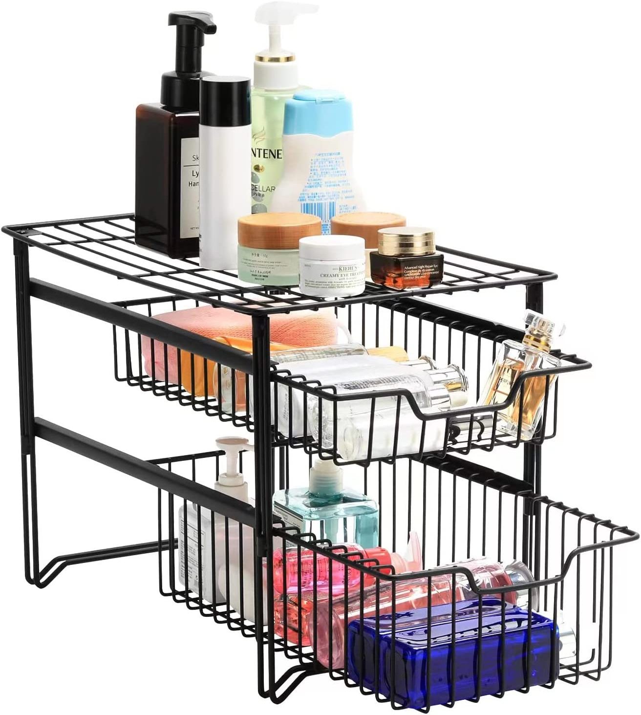 Countertop 2 Tier Under Sink Organizer Sliding Pull Out Shelves Stackable Kitchen Cabinet Organizer with Drawer