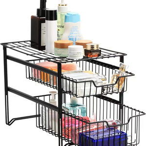 Countertop 2 Tier Under Sink Organizer Sliding Pull Out Shelves Stackable Kitchen Cabinet Organizer with Drawer