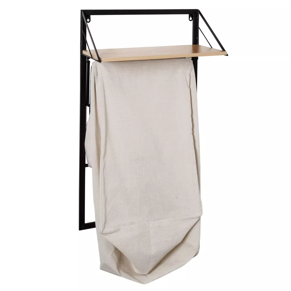 Bathroom Organization Metal And Wood Hanging Wall Mounted Laundry Shelf Rack With Hamper