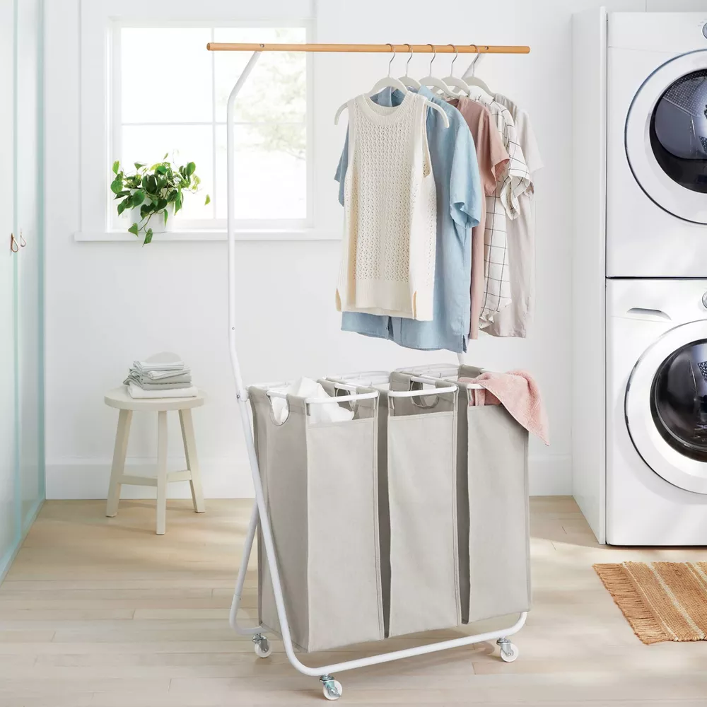 Bathroom Organization Metal Storage Rack Rolling Triple Laundry Sorter Laundry Hamper with Hanging bar