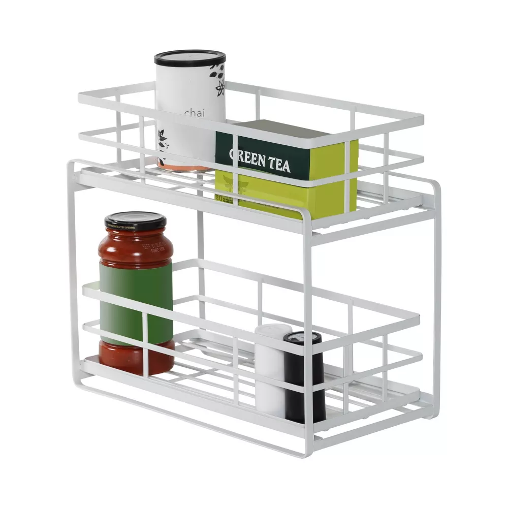 Kitchen Countertop Cabinet Under The Sink Storage Shelf 2 Tier Flat Wire Sliding Basket Organizer