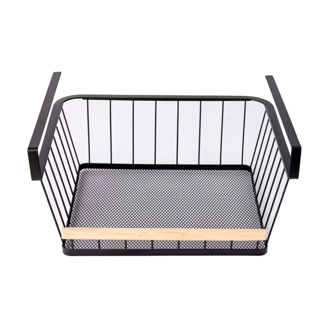 Home kitchen organization under the shelf black wire and wood storage basket