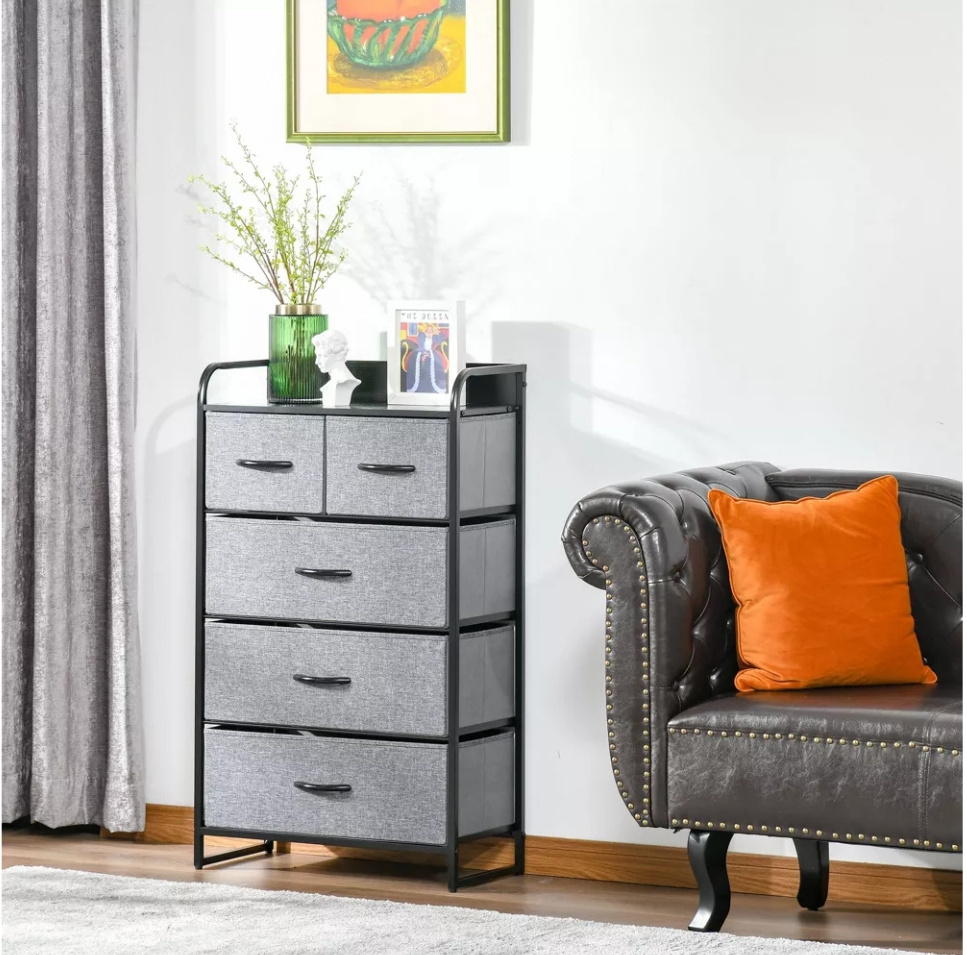 Hallway, Bedroom and Closet Black Steel Frame Grey 4-Tier Storage Organizer 5-Drawer Fabric Dresser Tower