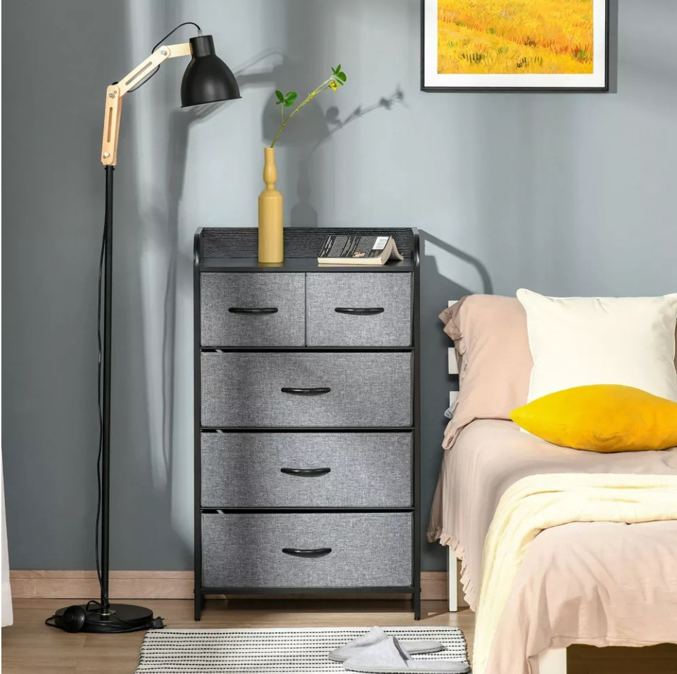 Hallway, Bedroom and Closet Black Steel Frame Grey 4-Tier Storage Organizer 5-Drawer Fabric Dresser Tower