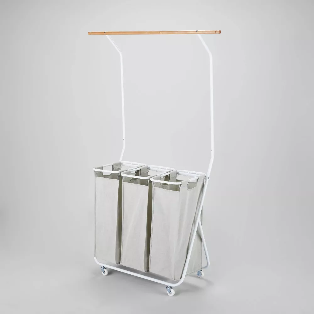 Bathroom Organization Metal Storage Rack Rolling Triple Laundry Sorter Laundry Hamper with Hanging bar