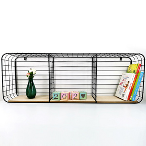 Rts high quality Living room decoration square book TJX style metal wire frame wooden wall mounted storage cube shelves