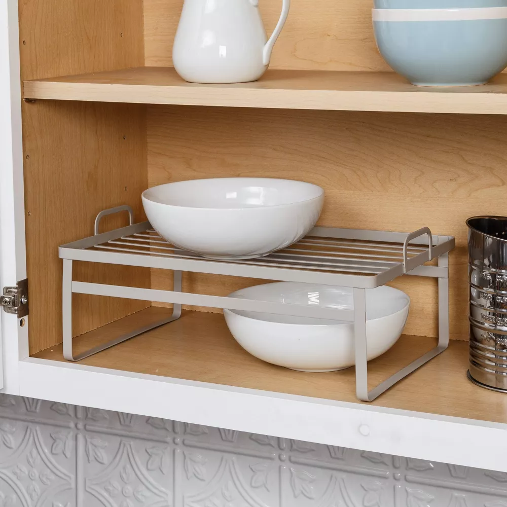 Kitchen Bathroom Pantry Storage Stackable Cabinet Shelf Countertop Organizer 2 Pack Metal Flat Wire Helper Modular Shelf