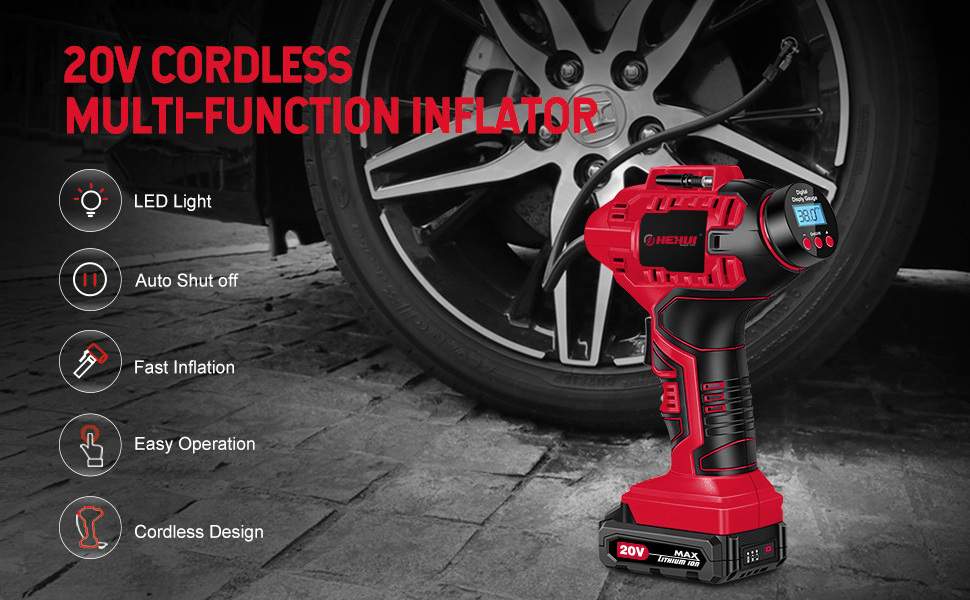 Hehui 20V  Cordless Tire Inflator 150Psi Handheld Air Compressor Pump Li-Ion Battery Powered With Digital Pressure Gauge