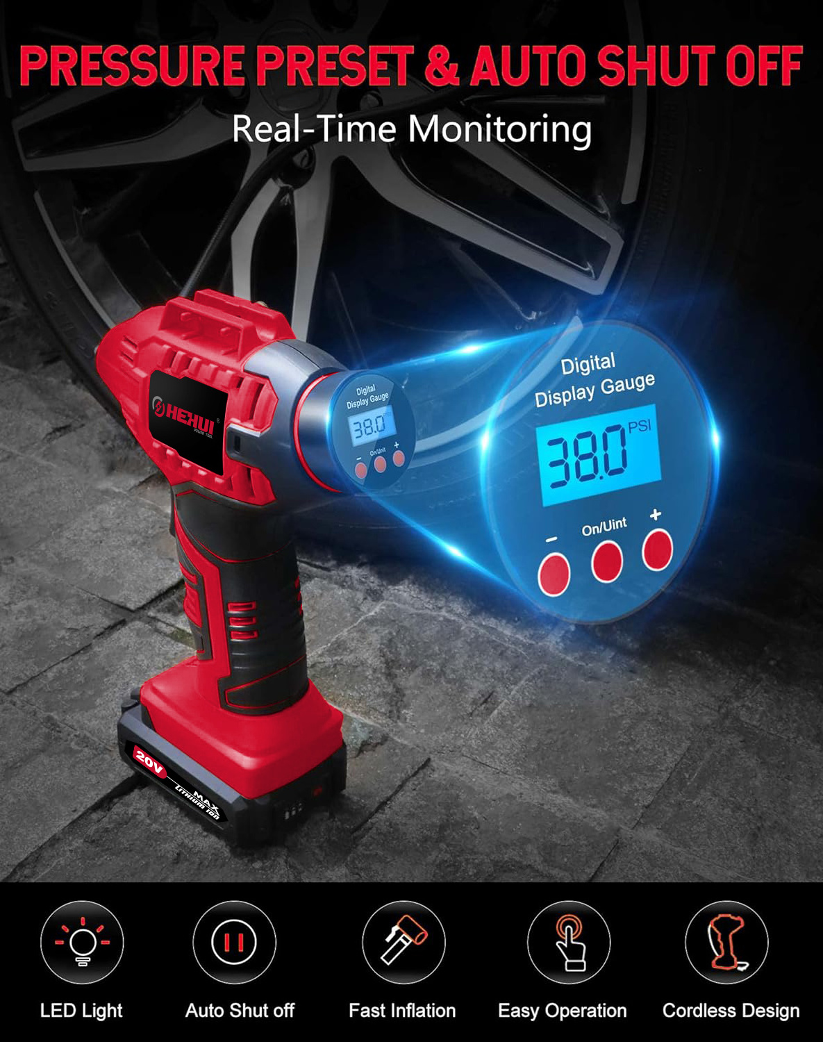 Hehui 20V  Cordless Tire Inflator 150Psi Handheld Air Compressor Pump Li-Ion Battery Powered With Digital Pressure Gauge