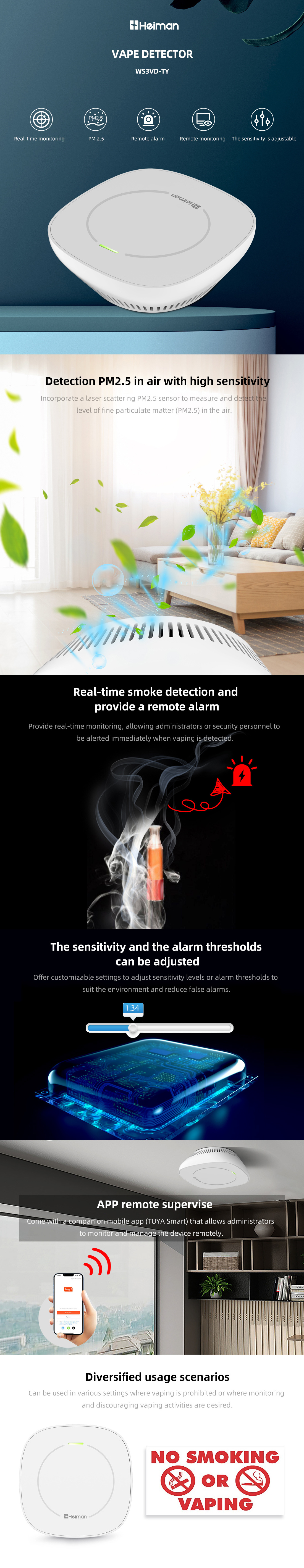 2023 New Innovation Tuya WiFi PM2.5 Smoke Detector WiFi Version Vapes Cigarette Smoking Detector Tuya Fire Smoke Alarm